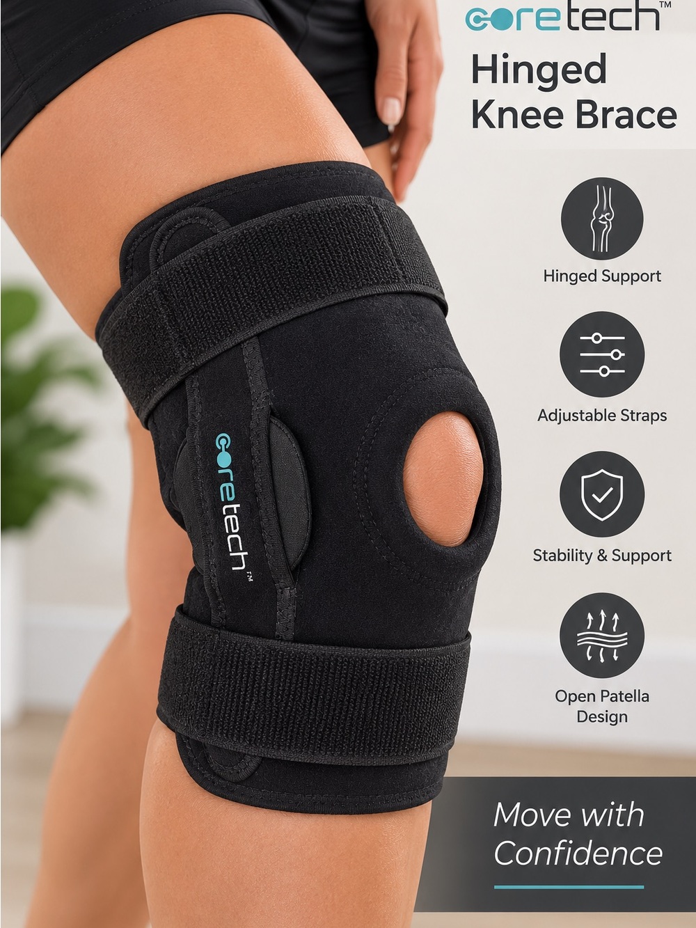 Coretech Hinged Knee Brace Black HCPCS L1820 SUP2072BLK